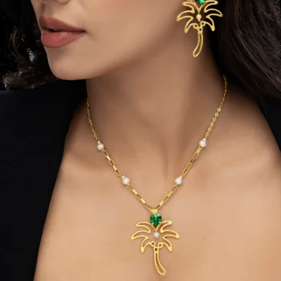 Anti-Tarnish Palm Tree Necklace Set With Earrings