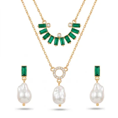 Anti-Tarnish Layered Crystal & Pearl Set With Earrings